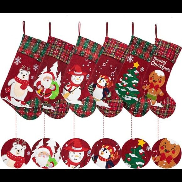 6 Pack Christmas Stockings(21inch) Embroidered Linen Applique Burlap - Picture 4 of 6